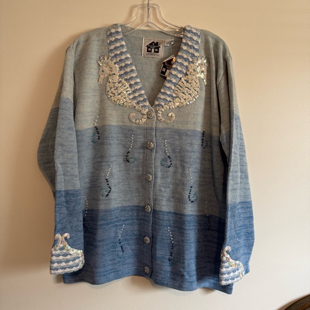 Storybook knits ocean seahorse sweater Large embellished beaded